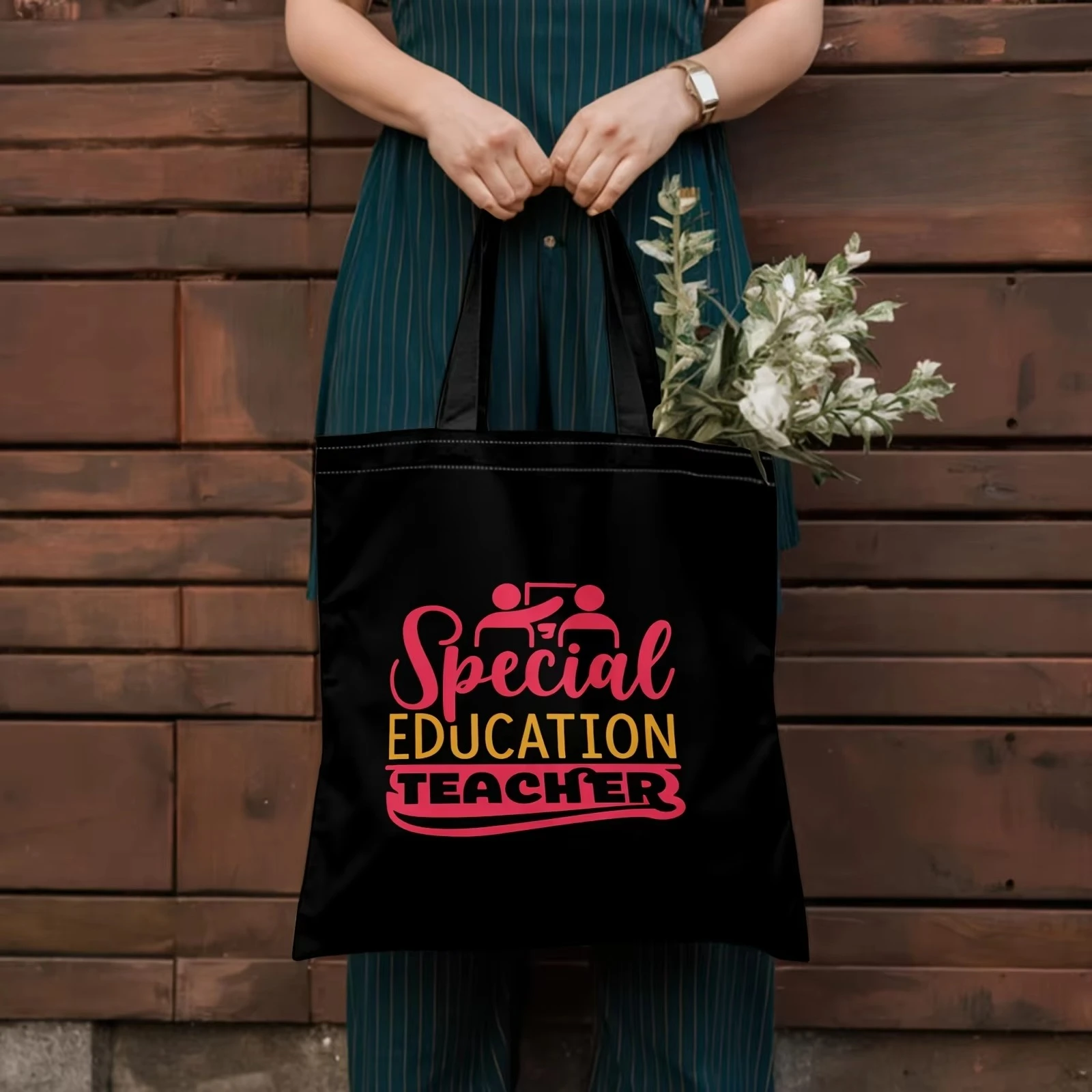 Special Education Teacher Slogan Canvas Tote Bag Letter Graphic Eco‑Friendly Reusable Casual Shoulder Shopping Handbag