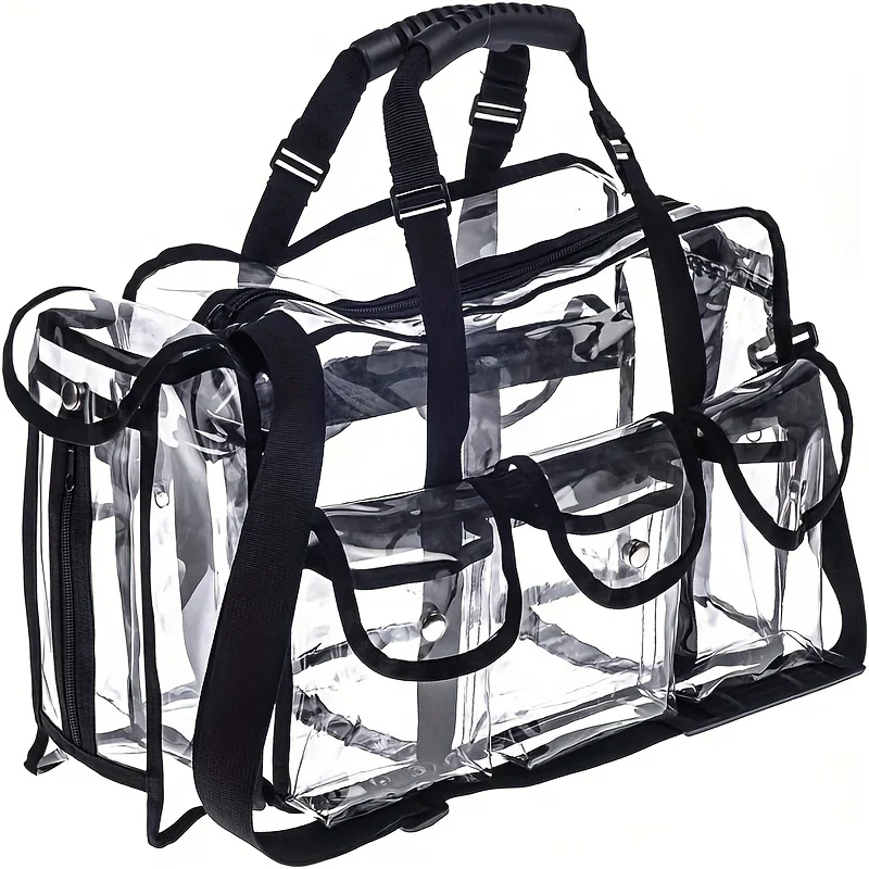 

Professional Clear PVC Makeup Bag Large Capacity Travel Organizer with 6 Pockets and Shoulder Strap for MUA