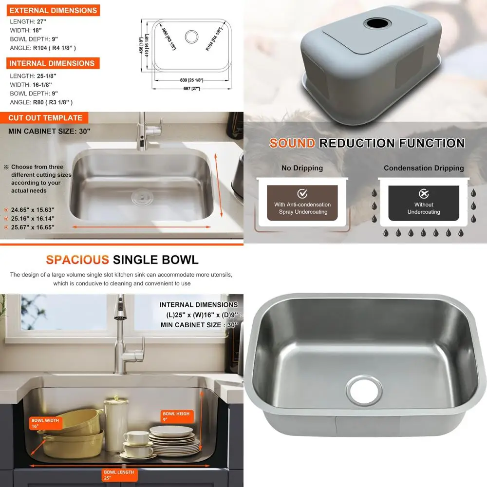 

27 Inch Commercial Grade Stainless Steel Undermount Single Bowl Curved Kitchen Sink, 18 Gauge, Satin Finish
