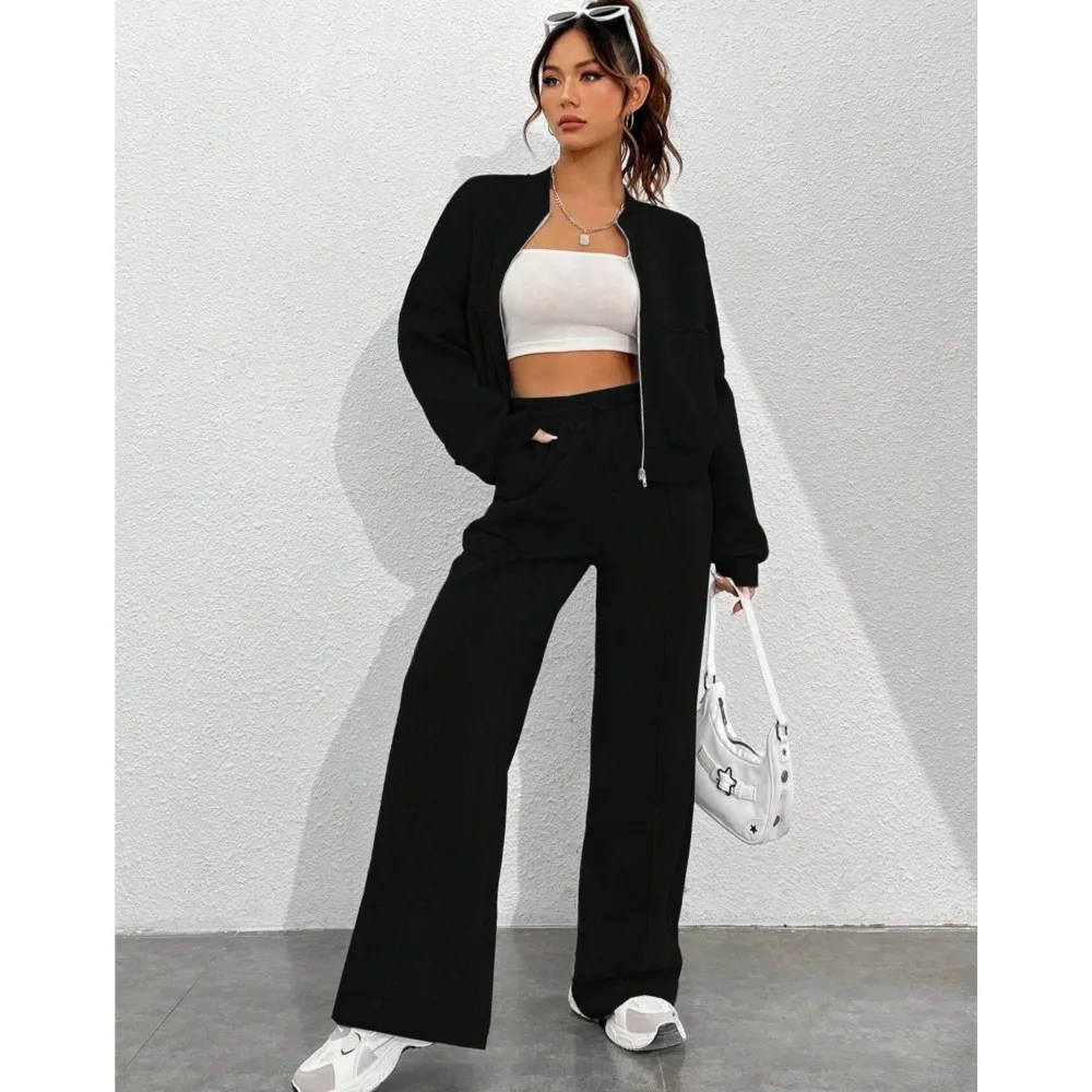 Casual Solid Color Hoodie And Pants Set For Autumn 2024 New Cardigan Zipper Slim Fit Elastic Two-piece Sets For Women Streetwear