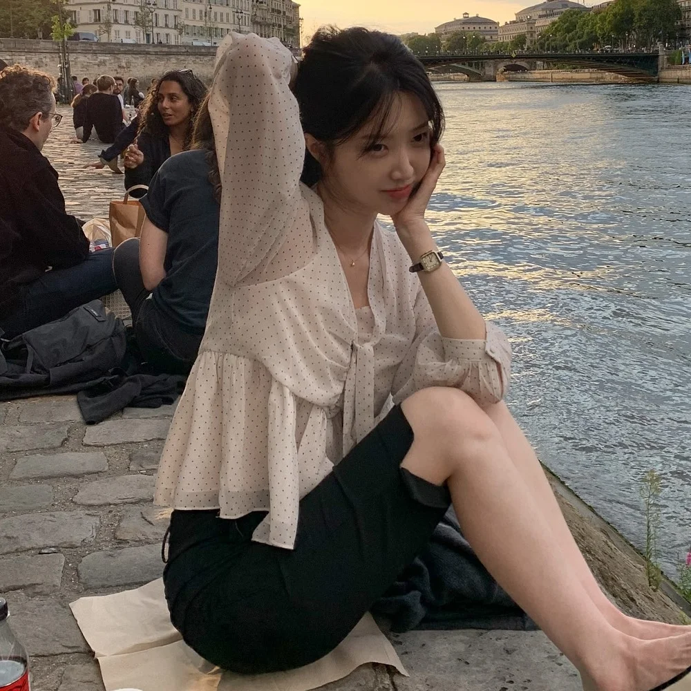 

Spring 2026 Women's Casual Sle V-Ne T irt Long Sve Chiffon Gown with Sa Polka Dot Pattern Regular Fit Chinese ...