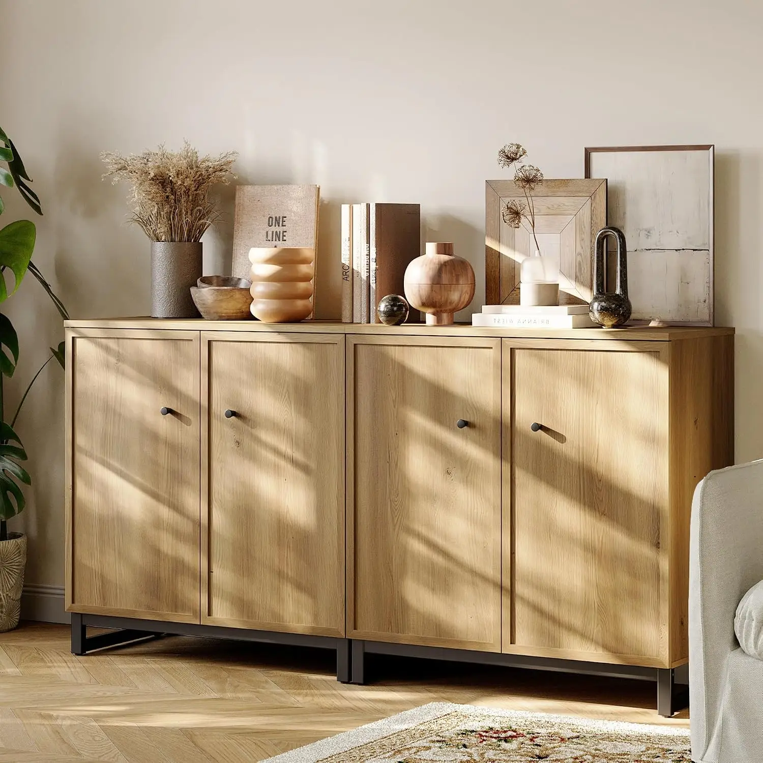 Rustic 4-Door Storage Cabinet With Metal Frame Base For Dining & Living Room Entryway, Brown Oak, Customized