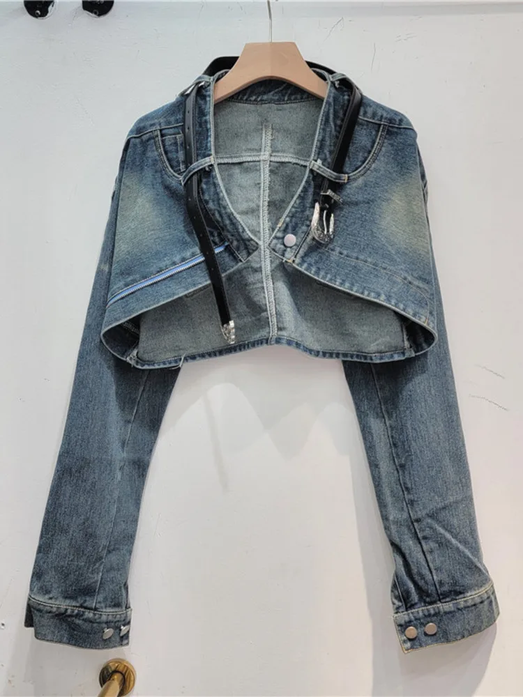 DEAT Women's Denim Coat Buttonless Patchwork Zipper Long Sleeve High Waist With Belt  Jackets 2025 Spring New Fashion 29L6558