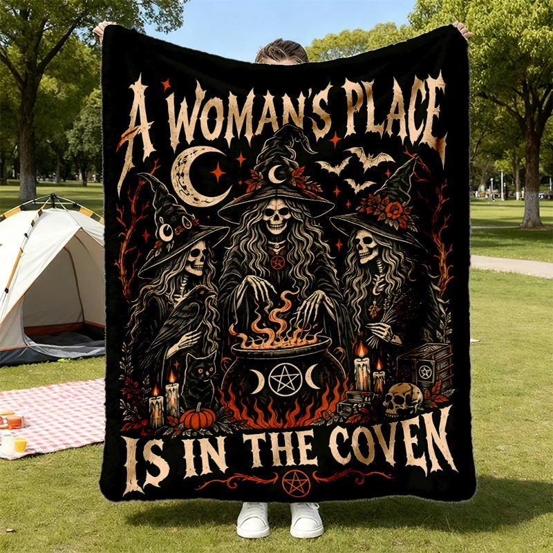 A 's Place Is in The Coven Flannel Blanket, Skeleton Sisters Matching Flannel Throw, Feminist Halloween Cozy Blanket