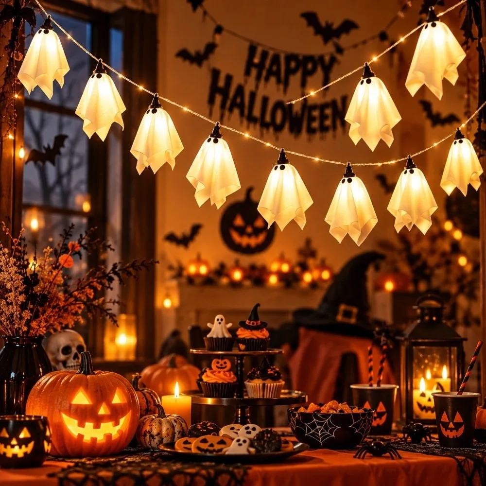 Holiday Scene Decor Warm White Halloween String Lights Soft Glowing Spooky Ghost Light String Funny LED String Lights Porch