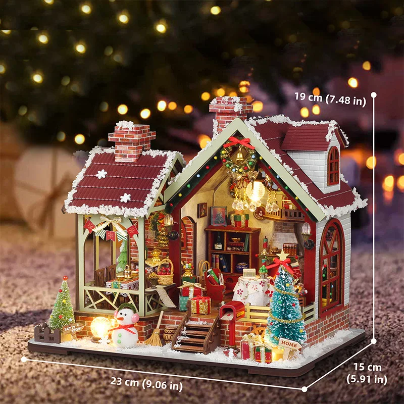 Com luzes led diy de madeira quente natal lodge casa casas de boneca kits modelo em miniatura móveis para amigos presentes