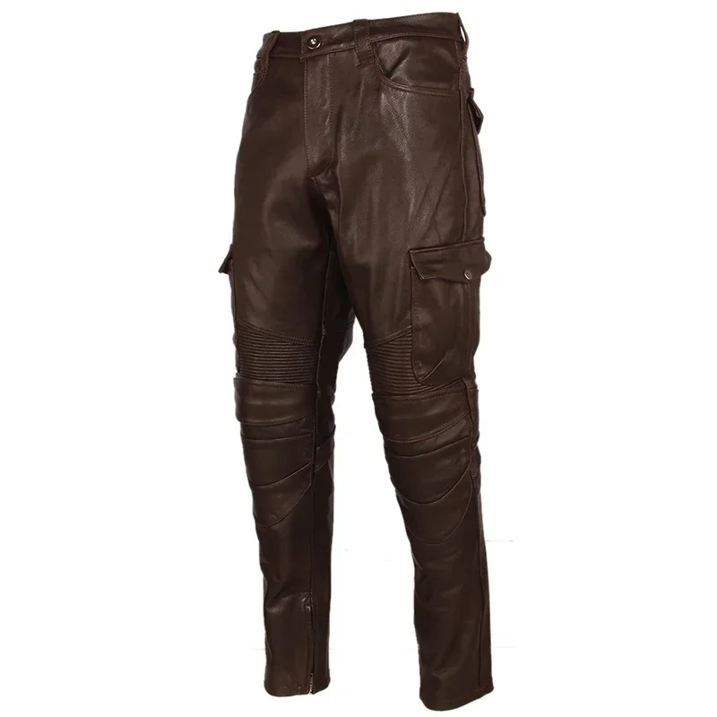 Pantalones de cuero para motocicleta para hombre, pantalón grueso de cuero de vaca 100%, Vintage, gris, marrón, negro, 4XL, M216, Invierno