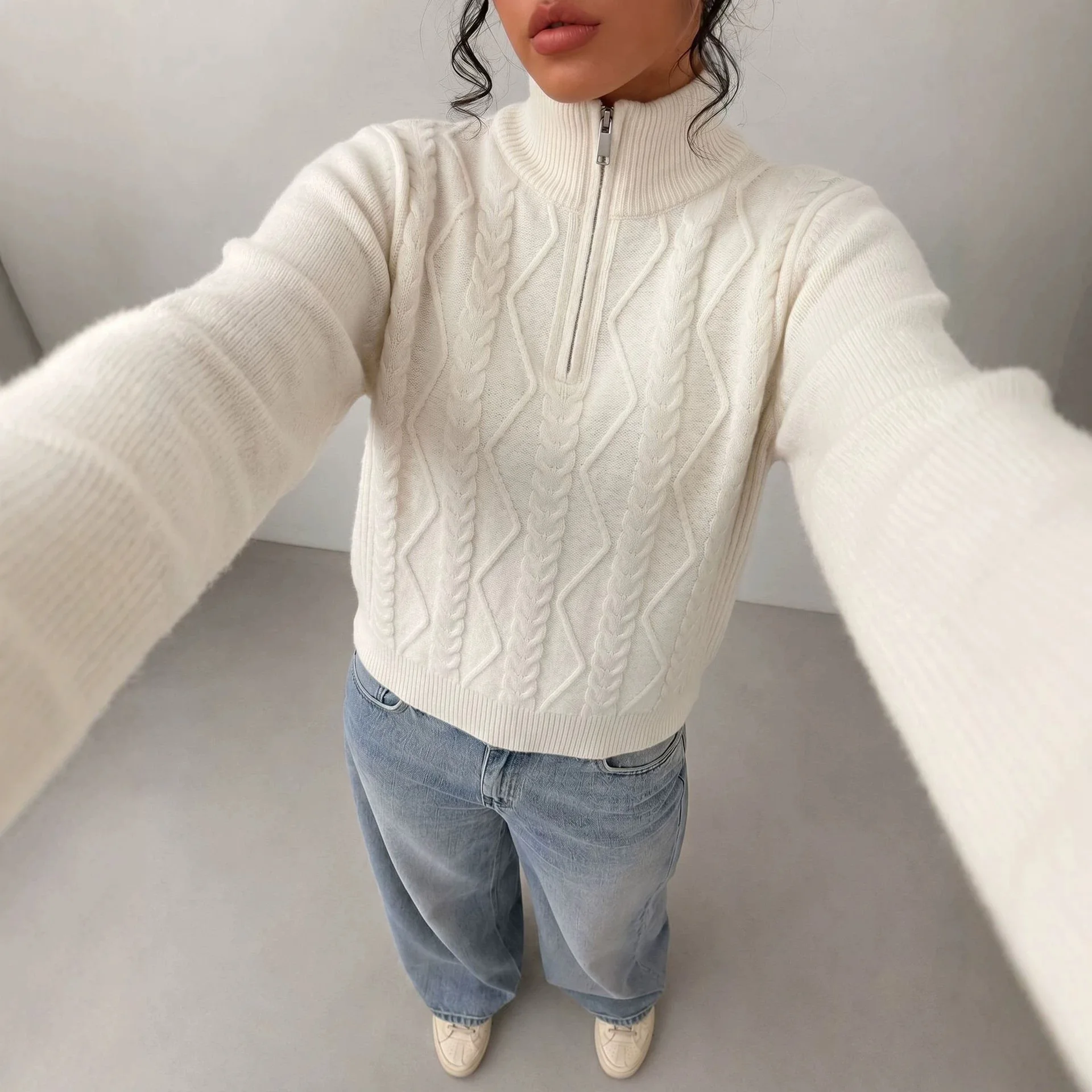 Women Half Zip Cable Knit Sweater Winter Warm Thick Knitted Pullover Fashion Casual Top