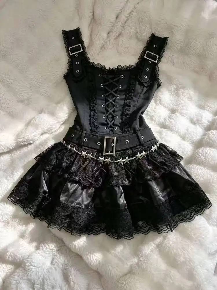 Sommer Vintage Gothic Mini-Kleid für Damen, Dunkle Subkultur, Punk, Ärmellos, Schwarzes Kleid, Y2K Ästhetik, Spitze, Casual Party