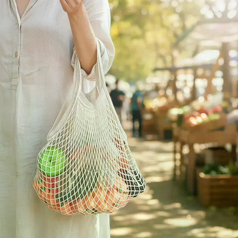 Portable Reusable Cotton Mesh Shopping Tote Foldable Handheld Washable for Grocery Fruit Carry Picnic Travel Outdoor Use
