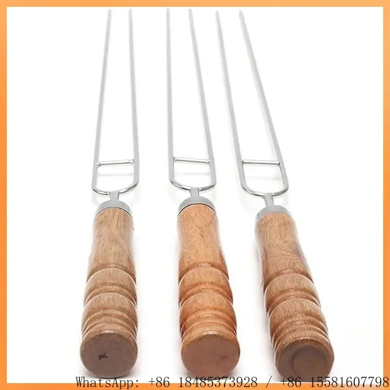 10 PCS Set BBQ Skewers Kit Wood Handle Grill Roasting Sticks Metal Barbecue Sticks with Storage Bag Cooking Accessory