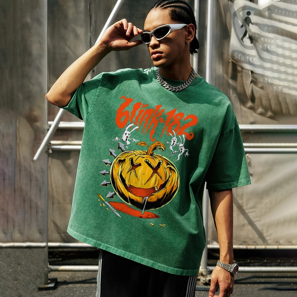 Contrasting Color Fashion Short Sleeve Halloween Pumpkin Print Loose Washed Denim Loose Trend Designer New Short Sleeve