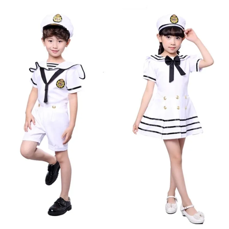 Kids Costumes for Navy Sailor Uniform Halloween Cosplay Girls Party Performance Boys Marines Fleet Clothing with Hat