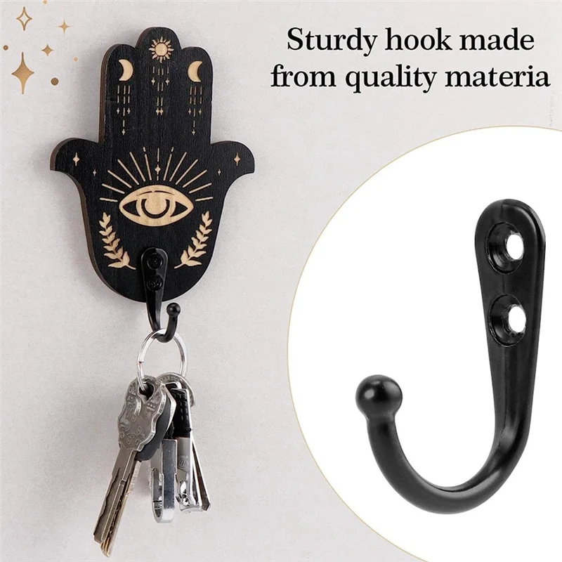 Wooden Wall Hooks - Evil Eye Decor for Wall 4 Pcs Hamsa Hand Key Holder Skull Zen Spiritual Moon Key Holder