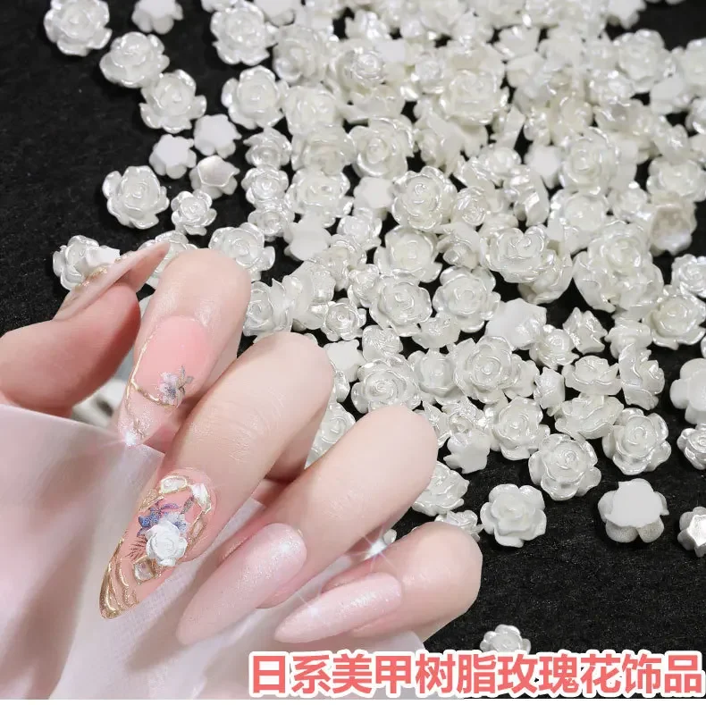 100PCS White 3D Rose Nail Charms Resin Flower Nail Art Decorations, Imitation Pearl Camellia Nail Accessories for DIY Manicure