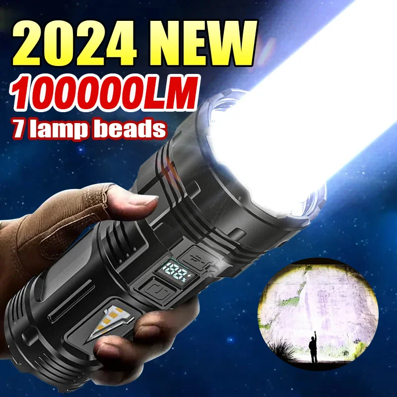 2024 New Outdoor Super Bright Flashlight 100000LM Most Powerful Torch Light IP46 Waterproof Tactical Flashlights For Hiking Lamp