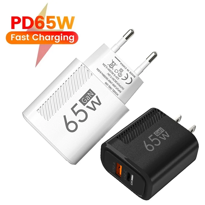 PD 60W GaN Type C USB C Fast Charger USB+PD Cable Quick Charge US EU Plug Mobile Phone Power Adapter for iPhone Samsung Huawei