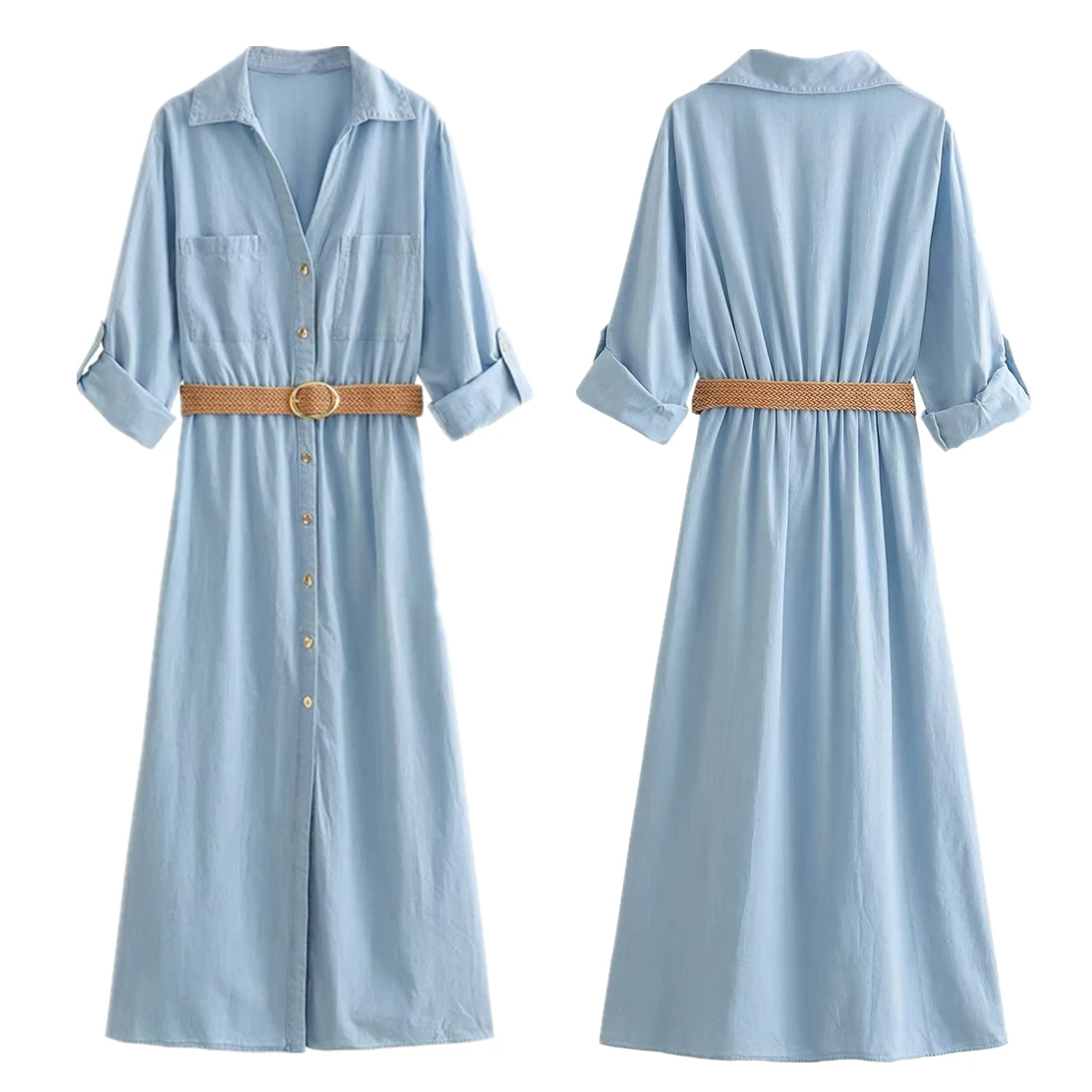 

Jenny&Dave 2024 Sky Blue Long Shirt Midi Dress With Belt New British Fashion Ladies Denim Dress