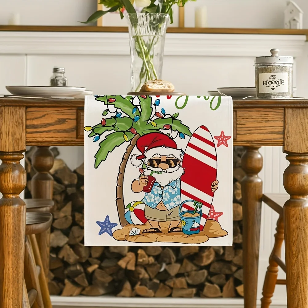 Christmas in July Table Runner Festive Decor with Santa Surfboard & Holiday Accents for Home & Party Decoration