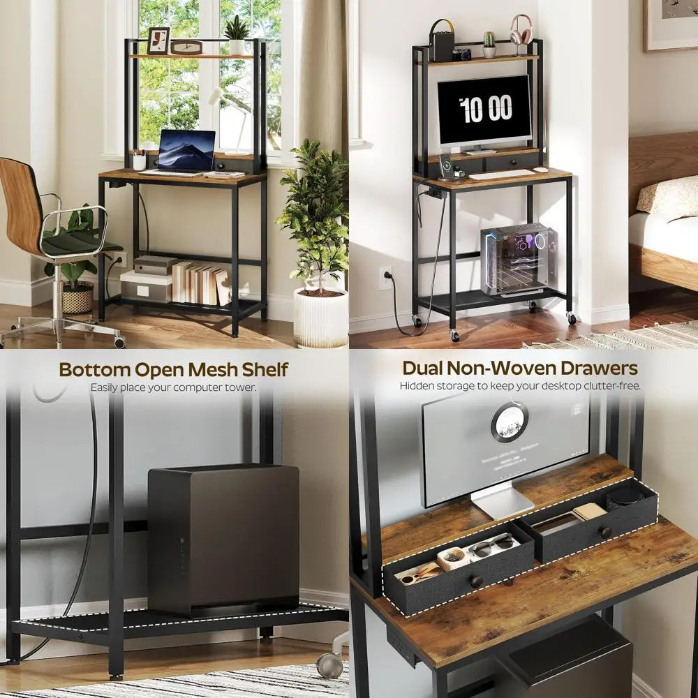 

Rustic Brown Computer Desk with Hutch, Power Outlets, Monitor Stand, and Wheels for Home Office and Gaming