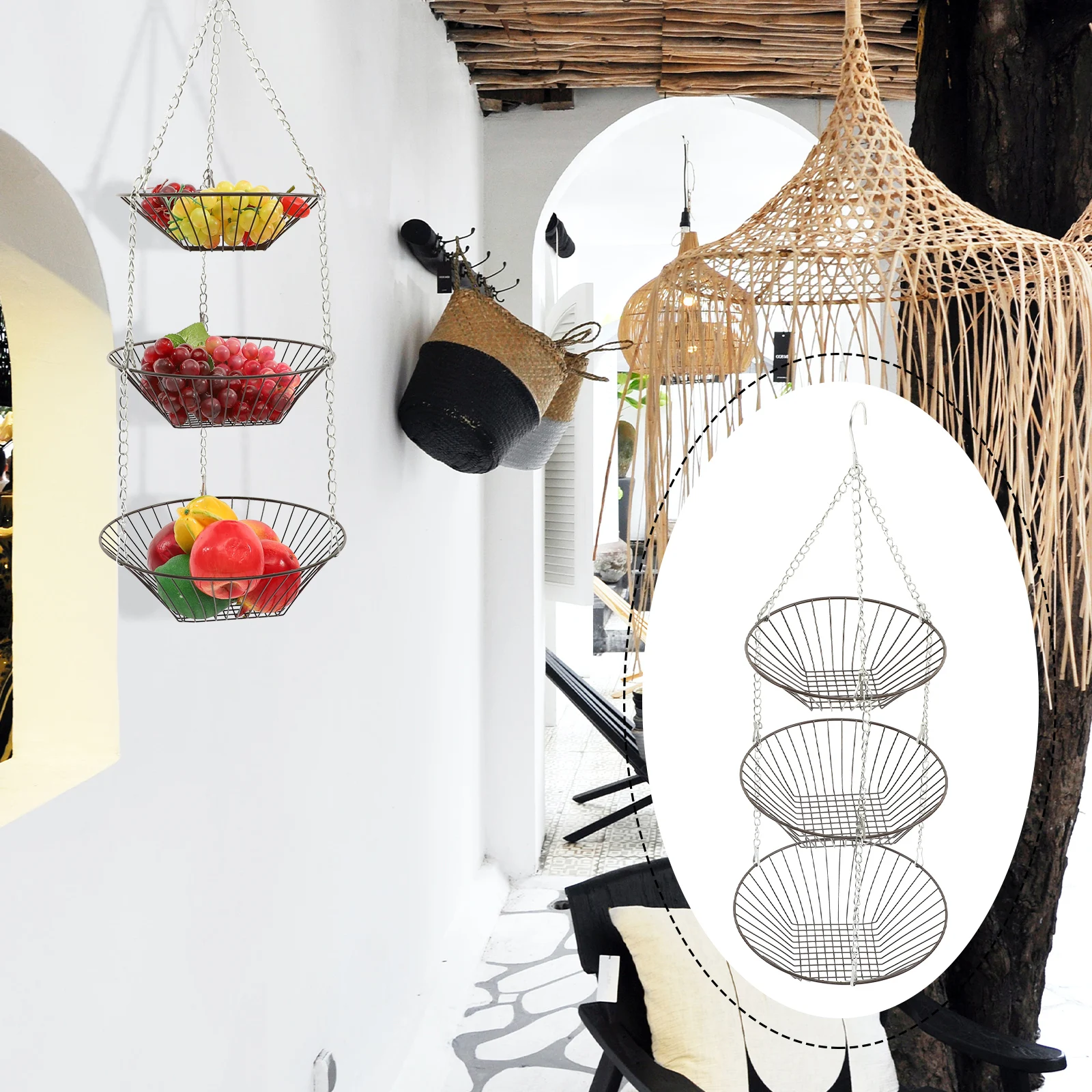 

3 Tier Hanging Fruit Kitchen Storage Organizer Wire Vegetable Basket For Bananas Onion Wall Mount Metal Storage Basket Large