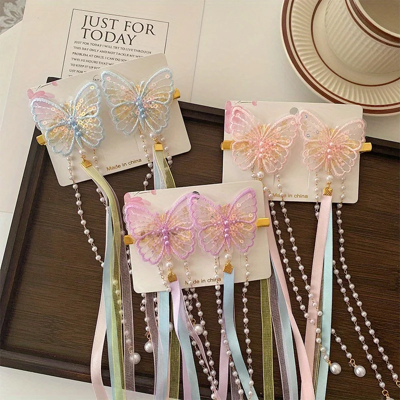 

Chinese Style Hair Clips for Girls - Butterfly Side Clip with Flowing Ribbons, Traditional Hair Ornaments for Photos & Costumes