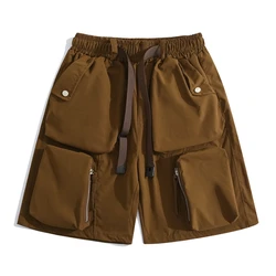 Summer Belt Zipper Multi-pocket Shorts Men's Loose Casual High Street Workwear Sports Five-point Trousers Male Clothes