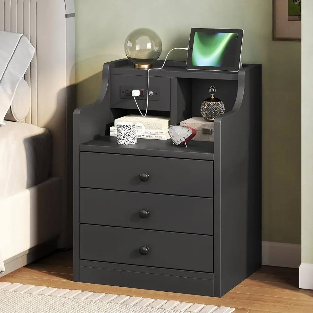 

Nightstand with Charging Station 3 Drawers, Wood Sofa End Side Table with USB Ports and Outlet, Bedside Table Bedroom Nightstand