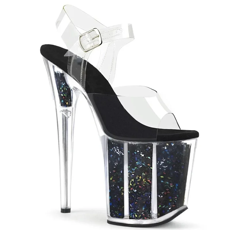 Summer New Women's Sandals Peep Toe 20CM Thin Heels Buckle Strap Waterproof Platform Bling PVC Transparent Night Club Women Shoe