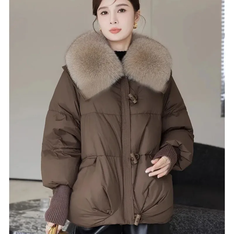 Autumn Winter Lady Thicken Parkas Jacket 2025 Women Leisure Big Fur Collar Puffer Coat Korean Female Loose Down Cotton Outwear