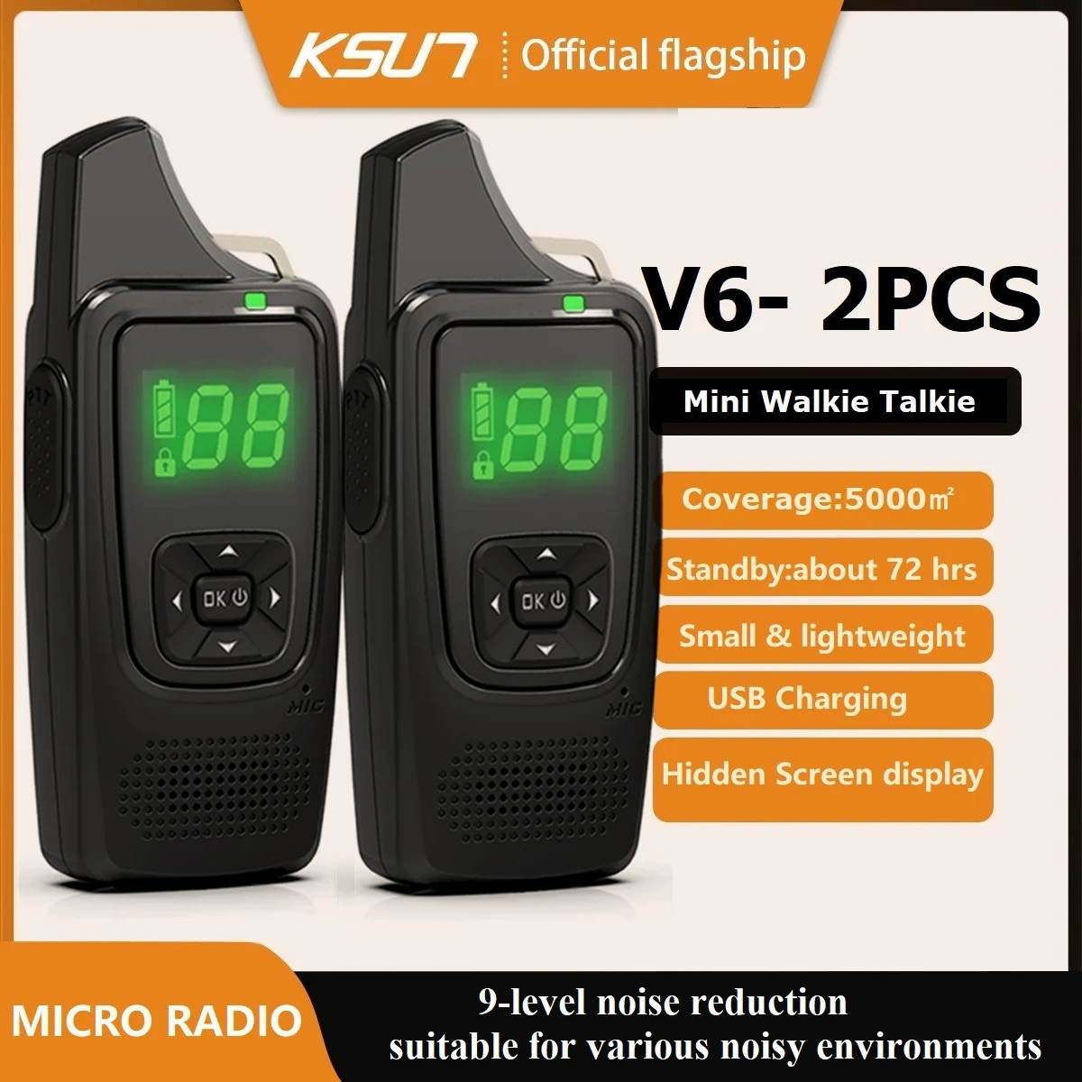 KSUN V6 أجهزة اتصال لاسلكية صغيرة 2 طريقة راديو قابلة للشحن يدوي أجهزة الراديو المحمولة اتجاهين مع سماعة الأذن رحلة الطريق التخييم 2 قطعة #1