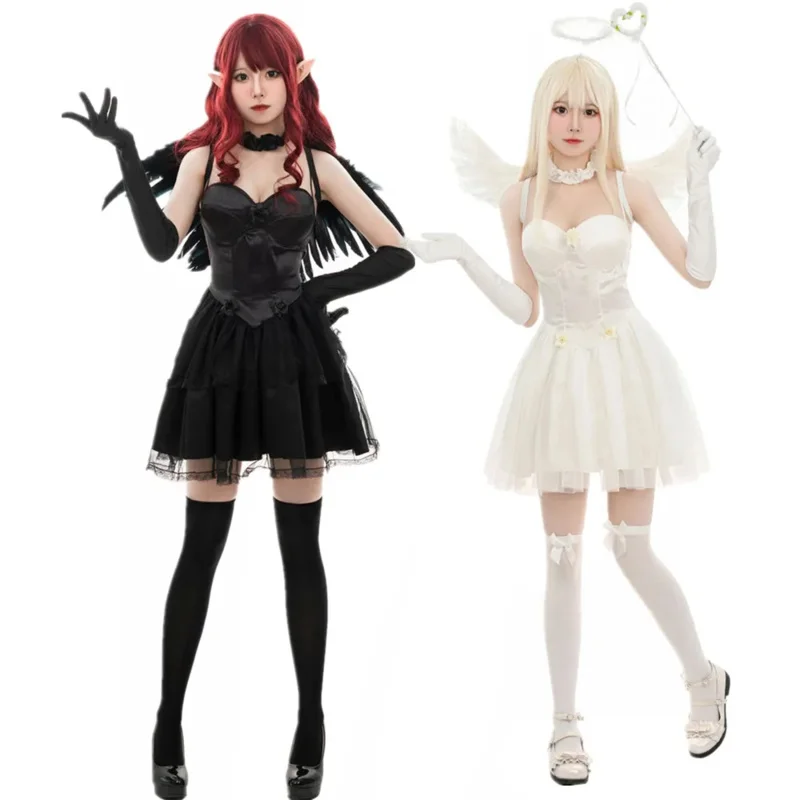 Adult Sexy Angel Costume Women Dark Devil Desir Halo Witch Cosplay Halloween Carnival Performance Feather Wings Dress Up MS26527