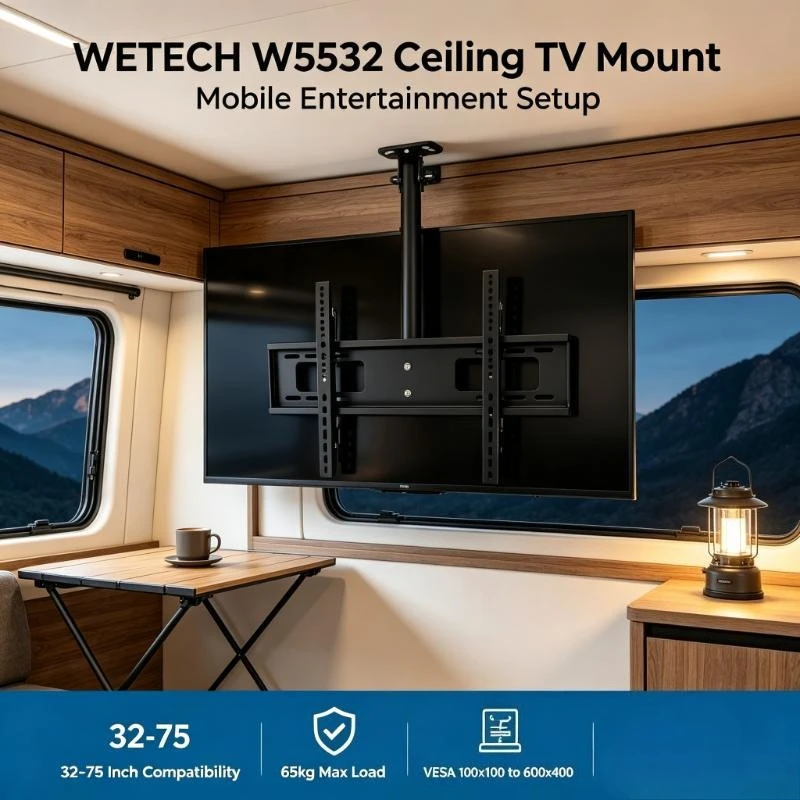 Support de télévision de plafond WETECH W5532 noir télescopique, charge lourde 65 kg, pour téléviseurs LED LCD de 32 à 75 pouces, hauteur 60-90 cm, VESA 100x100-600x400, support de télévision suspendu.