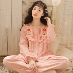 Japanese Sweet Princess Embroidered Home Clothes Women's Pajamas Long Sleeve Spring Autumn Pure Cotton Gauze Thin Loungewear Set