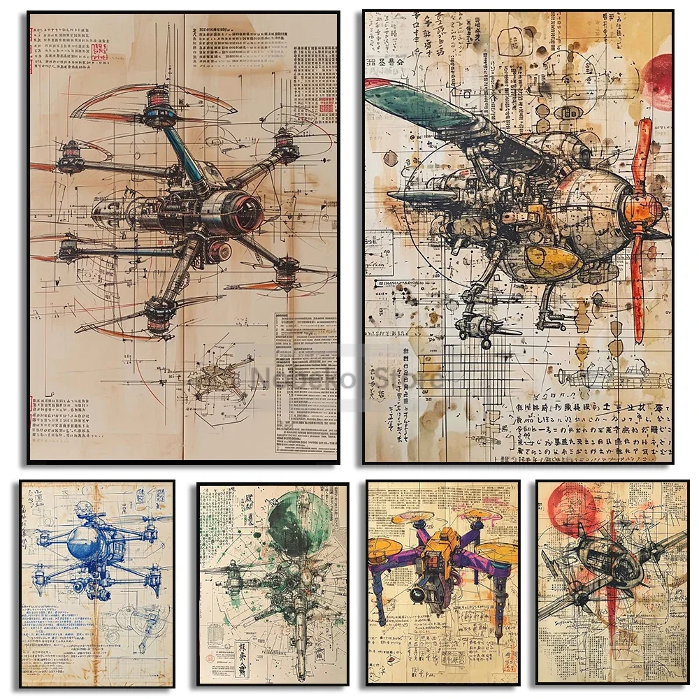 1PC--Painting Wall Art Pictures Home Room Decor Design Enthusiasts Gift Drone Ancient Script Blueprint Retro Poster Prints Ca