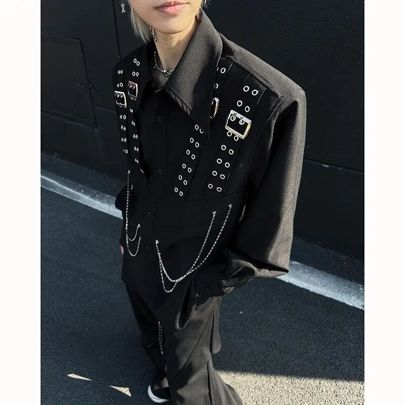 

Мужская модная рубашка в городском стиле с подплечниками, декором из металлических цепей и элементами в стиле хэви-метал, для сценических выступлений