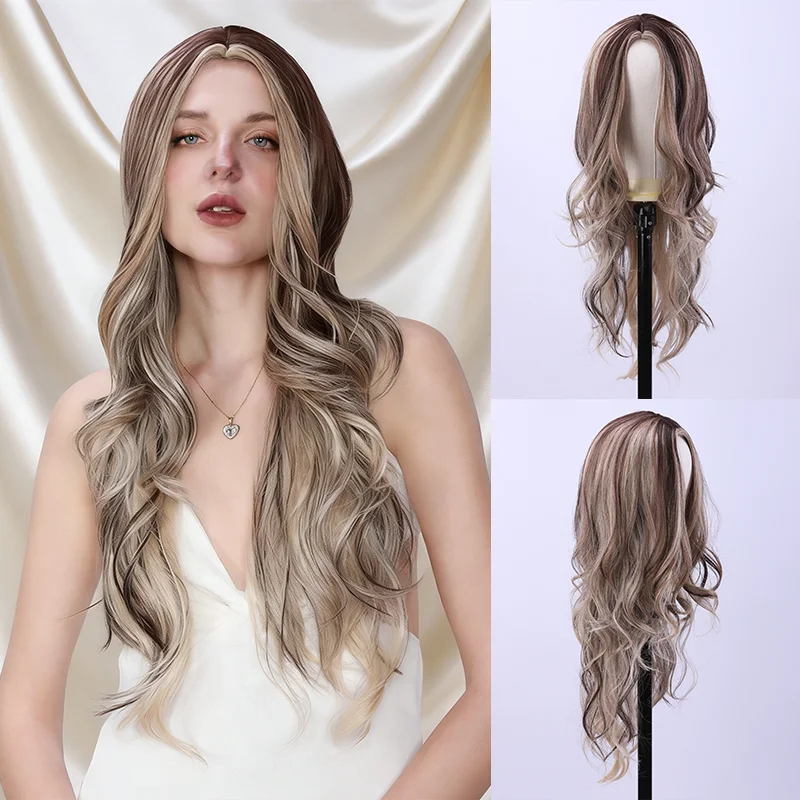 شعر مستعار طويل مجعد - قبعة نسائية شبكية من الألياف الاصطناعية ذات موجة فضفاضة، بني رمادي يومي، لون فاتح طبيعي، شعر مستعار أنيق #1