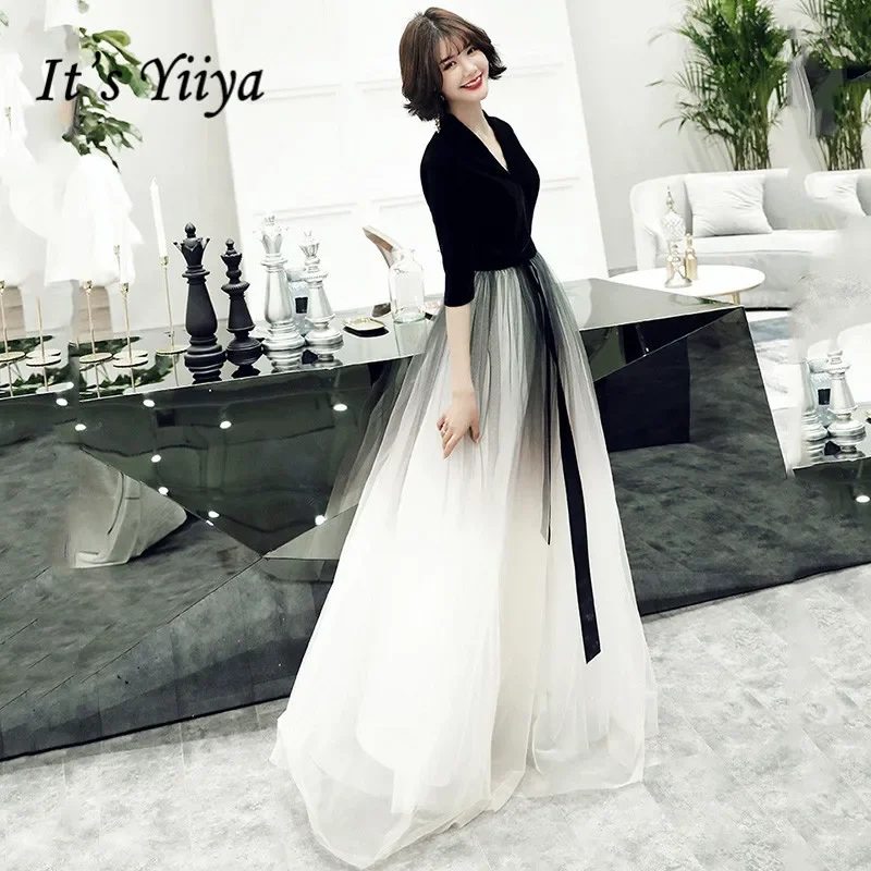 It is Yiiya Customized Evening Gown Gradient Black Velvet V-Neck Half Sleeve Plus size Women Formal Formal Gowns Robe De Soiree