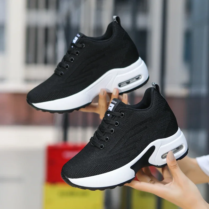 

Flying Woven Inner Height Increasing Running Shoes Women Thick Bottom Cushioning Casual Sneakers Ladies Non-Slip Walking Shoes