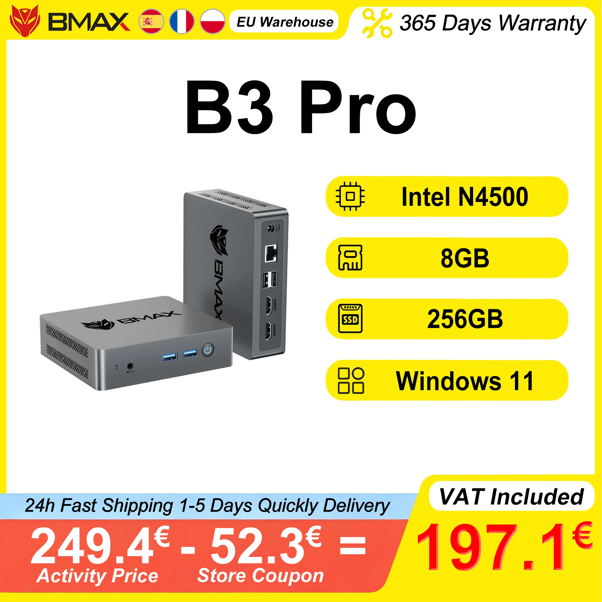 BMAX B3 Pro Mini-PC Intel N4500 8GB RAM 256GB SSD Windows 11 PC HDMI USB WLAN Unterstützt 4K@60Hz Intel HD Grafik