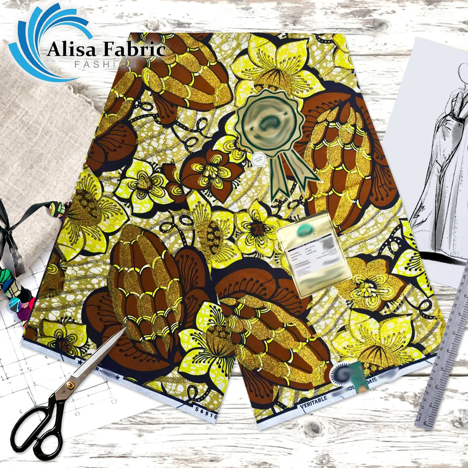 

Новейшая супер африканская восковая ткань Анкара оптом 6 ярдов 100% хлопок от кутюр 2025 года для украшения дома, коричневый и золотой