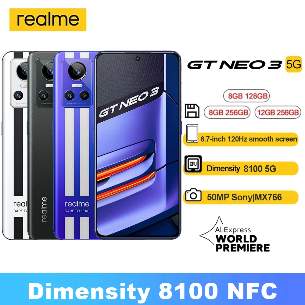 

Realme GT Neo 3 5G Mobile Phone Dimensity 8100 Octa Core 6.7" FHD+ Smartphones 120Hz 50MP IMX766 NFC Realme UI3.0