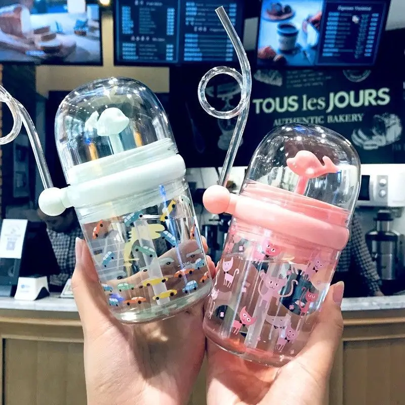 Whale Water Spray Straw Cup,Cute Fountain Plastic Cups for Children, Anti Drop Kindergarten Straw Water Cup with Shoulder Strap
