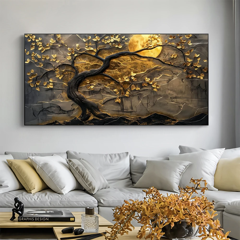 Abstract Golden Trees And The Moon Art Print Posters Canvas Painting Luxury Gold Tree Wall Art Living Room Landscape Home Decor