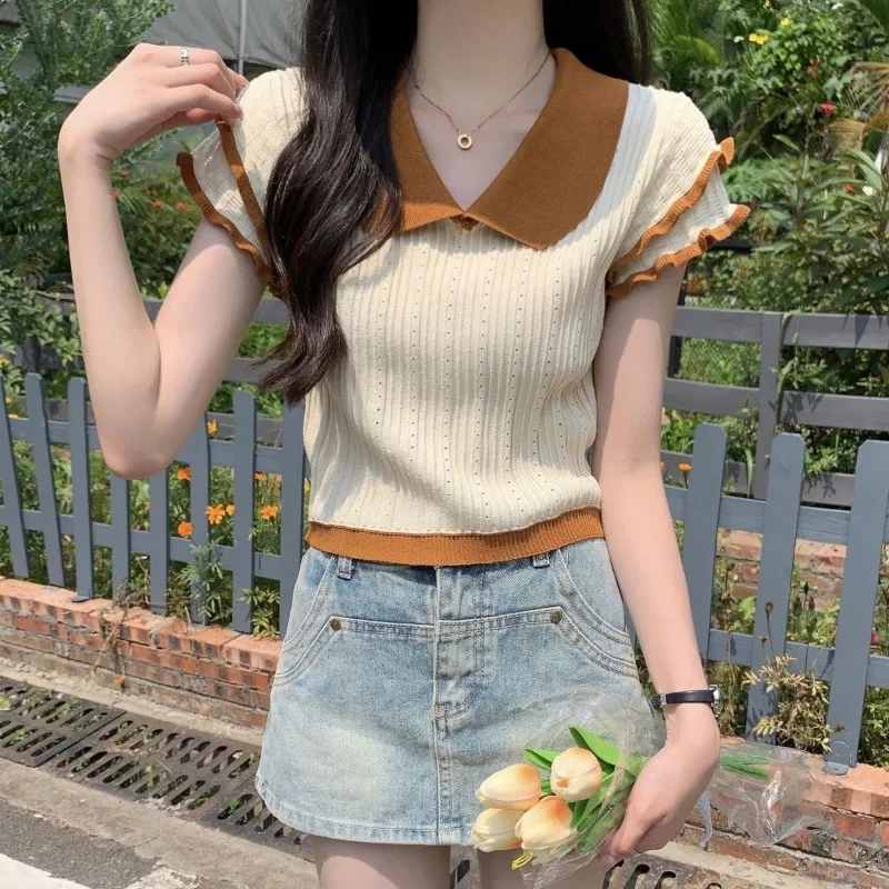 

Women Clothing Summer Fashion Casual Ruffles Color Blocking Polo Collar Female Knitting All-match Appear Thin Hollow Out Tops