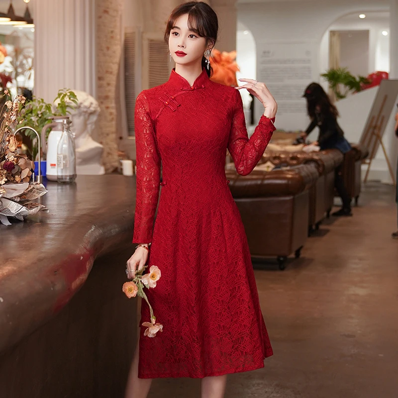 2024 Chinese Traditional Qipao Dress for Women Clothing New Vintage Long Sleeve Red Cheongsam Chinese Wedding Asian Dress