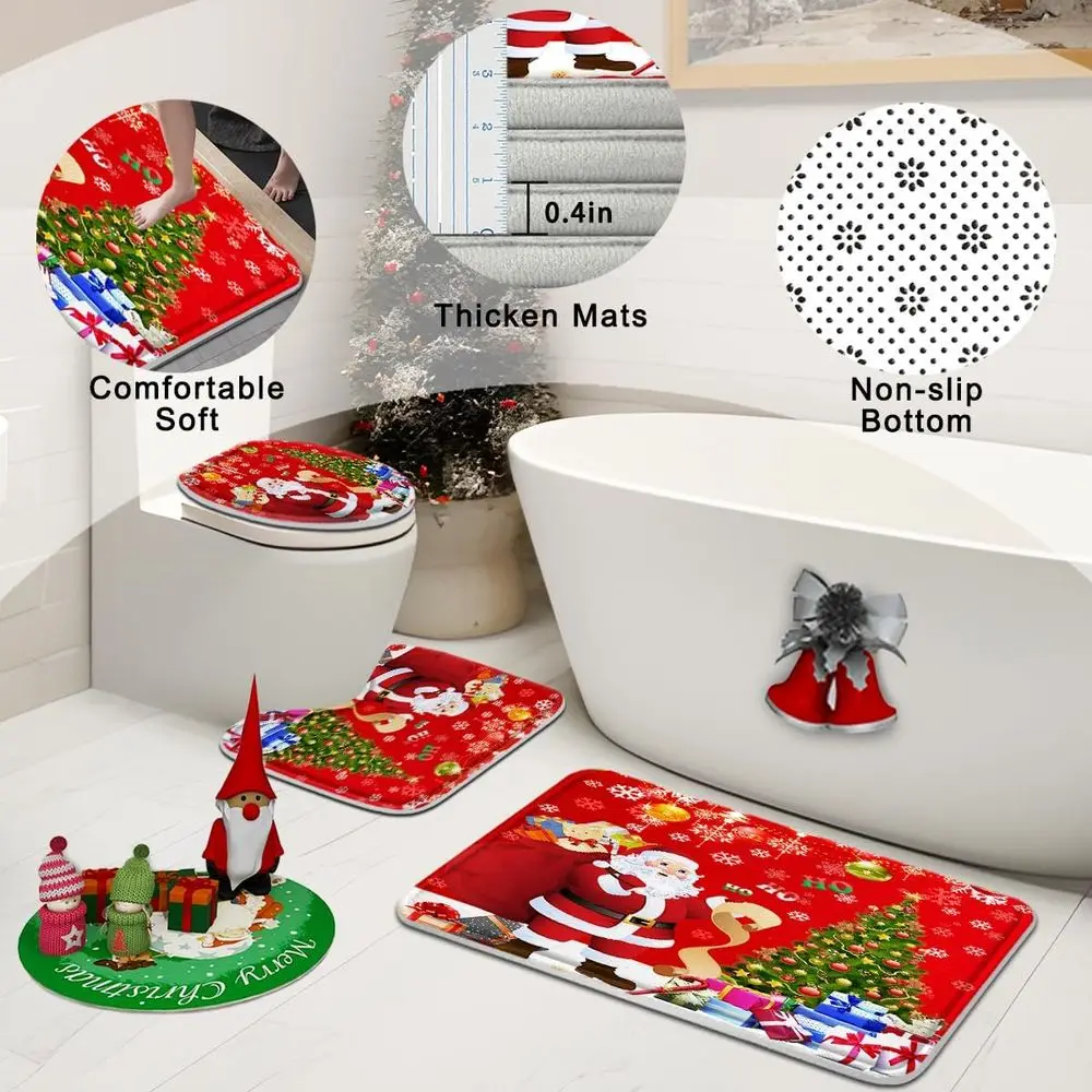 طقم حمام عيد الميلاد مكون من 4 قطع: ستارة حمام وسجاد وغطاء غطاء مرحاض مع سانتا وهدايا