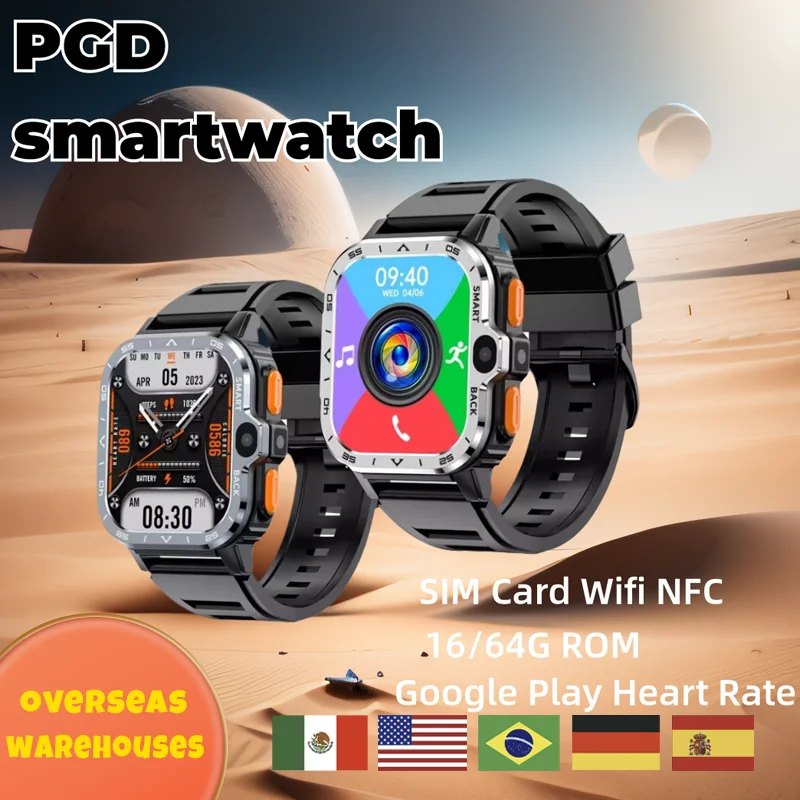 Pgd Smartwatch 4g Lte Gps Sim Card Wifi Nfc Dual Camera Rugged 16/64g Rom Storage Google Play Heart Rate Android Smart Watch Men