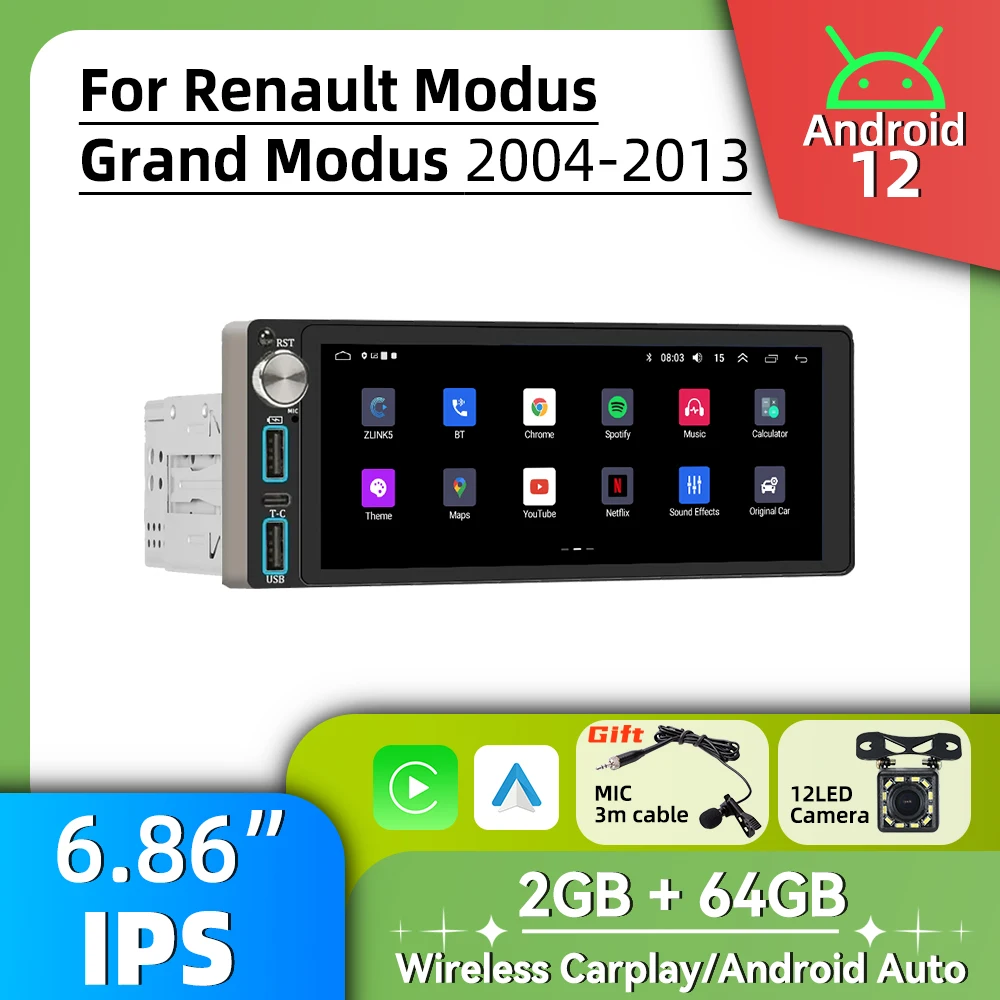 

Автомагнитола 1DIN, Авторадио Android, мультимедиа для Renault Modus Grand Modus 2004-2013, экран 6,86 дюйма, стерео, головное устройство Carplay GPS BT