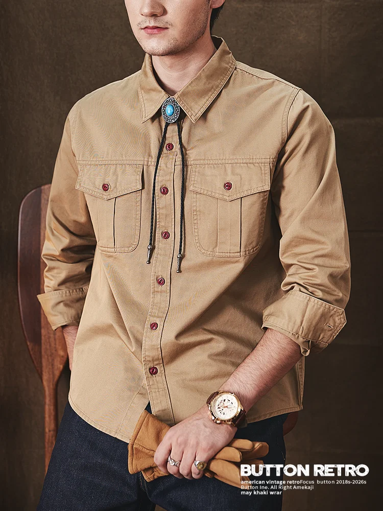 

American Retro Pure Cotton Heavyweight Western Painter Casual Shirt Men's Outerwear Workwear Standard Fit Long Sleeve Button up